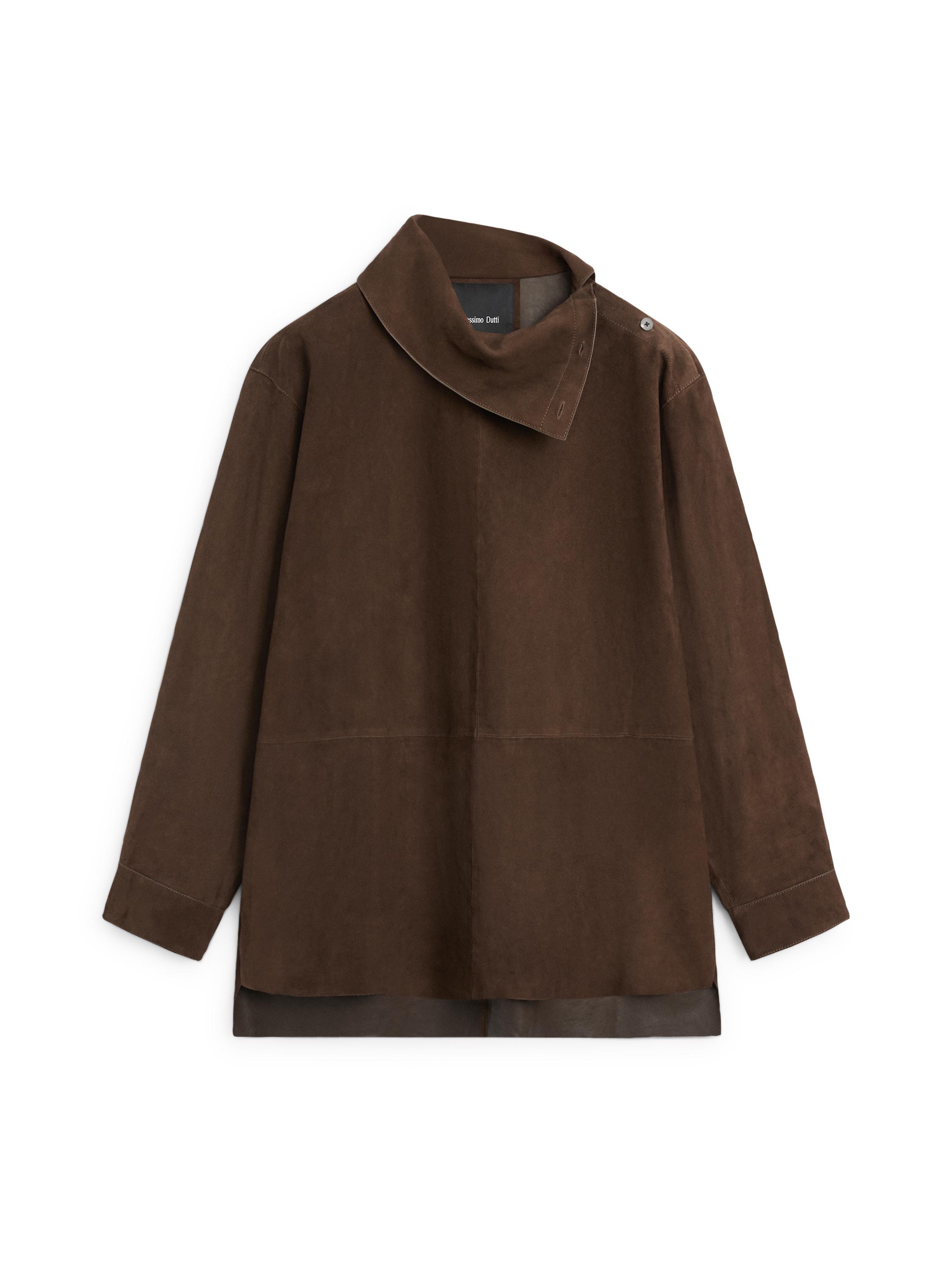Suede leather oversize blouse with high neck